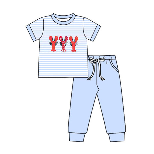 MOQ 5 preorder BSPO0616 Crayfish Pattern Blue Stripe Short Sleeve Top Pant Boys Set 202510