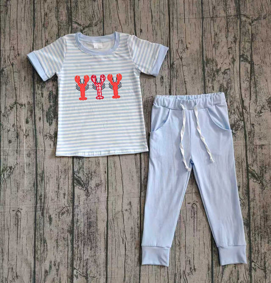 NO MOQ preorder BSPO0616 Embroidered Crayfish Pattern Blue Stripe Short Sleeve Top Pant Boys Set 202510