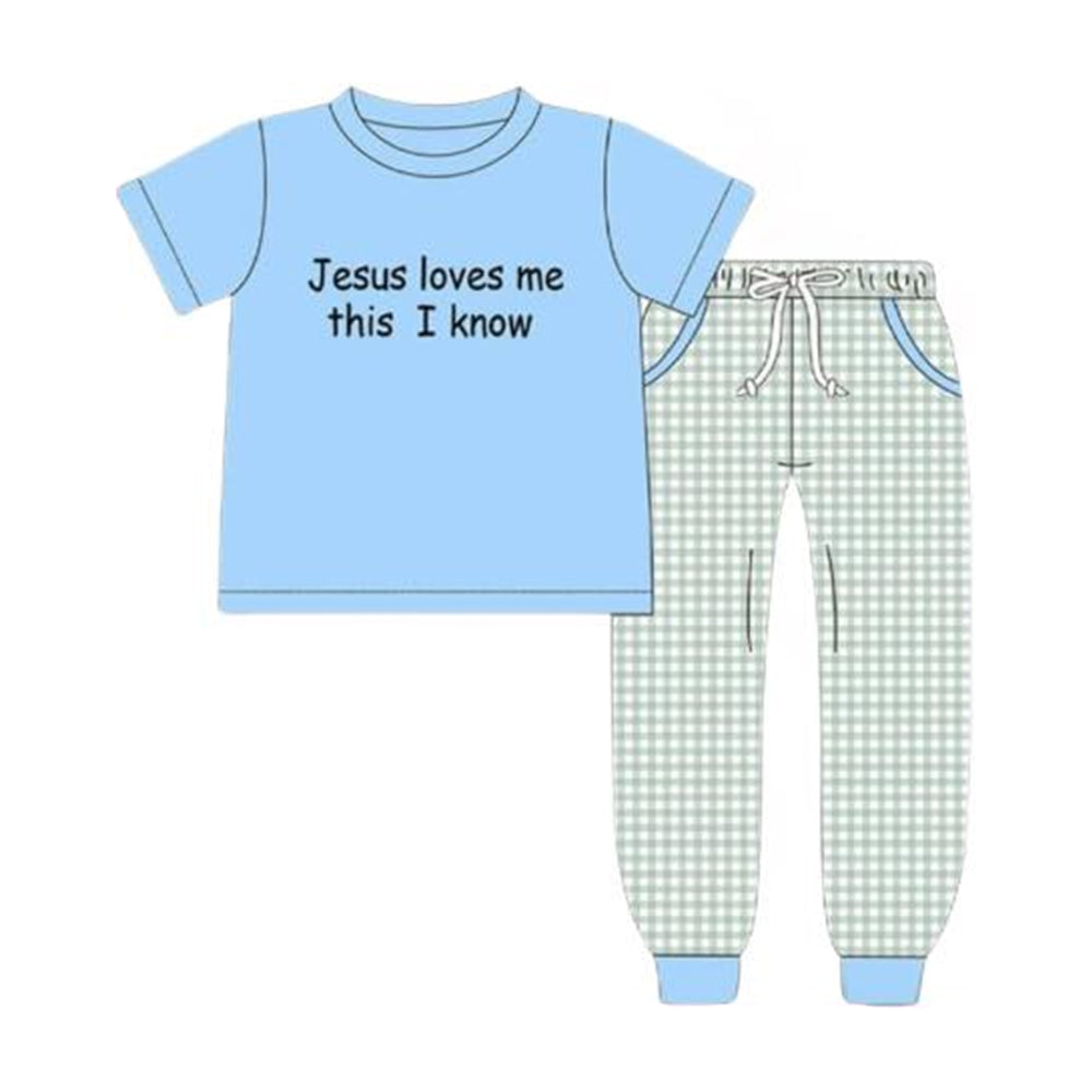 MOQ 5 preorder BSPO0617 Easter Jesus Love Me This Know Blue Short Sleeve Top Green Plaid Pant Boys Set 202510