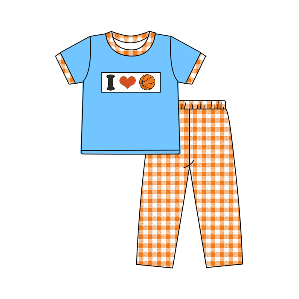 MOQ 5 preorder BSPO0619 I Love Basketball Orange Plaid Blue Short Sleeve Top Pant Boys Set 202510