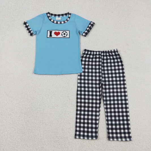 BSPO0622 Embroidered I Love Football Black Plaid Blue Short Sleeve Top Pant Boys Set 202512 RTS