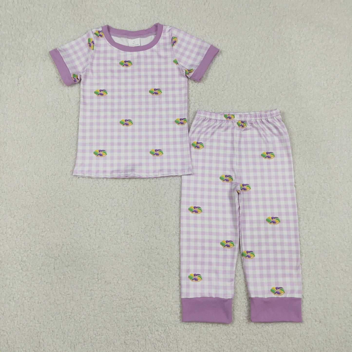 BSPO0630 Embroidered Mardi Gras Donut Purple Plaid Short Sleeve Pants Boys Pajama Set 202512 RTS
