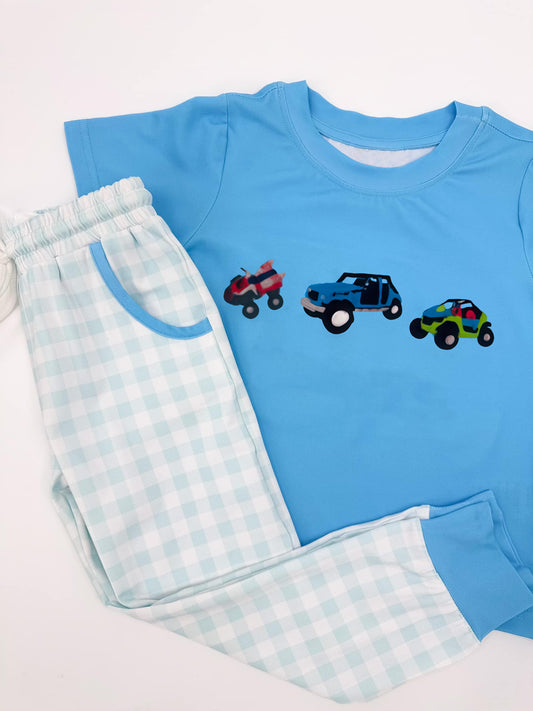 MOQ 5 PCS preorder BSPO0633 Cars Pattern Blue Short Sleeve Plaid Pants Boys Sets 202511