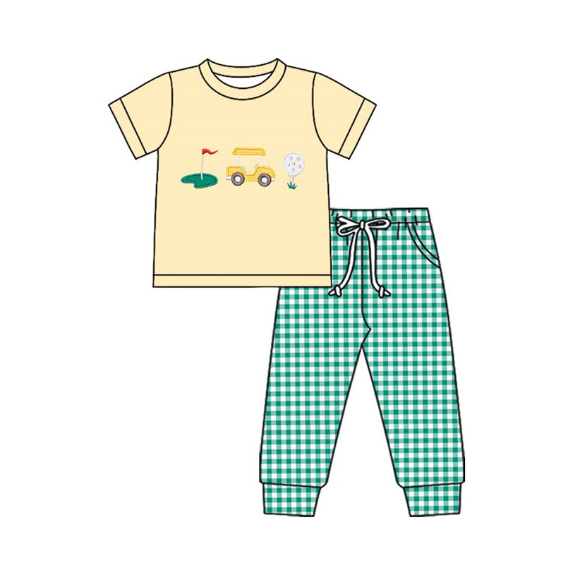 MOQ 5 PCS preorder BSPO0641 Golf Beige Yellow Short Sleeve Green Plaid Pants Boys Sets 202511