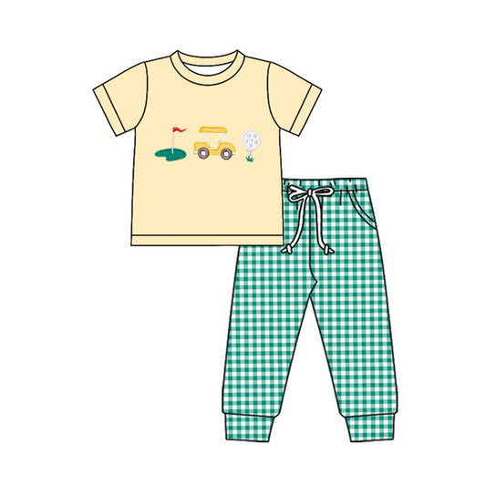 MOQ 5 PCS preorder BSPO0641 Golf Beige Yellow Short Sleeve Green Plaid Pants Boys Sets 202511