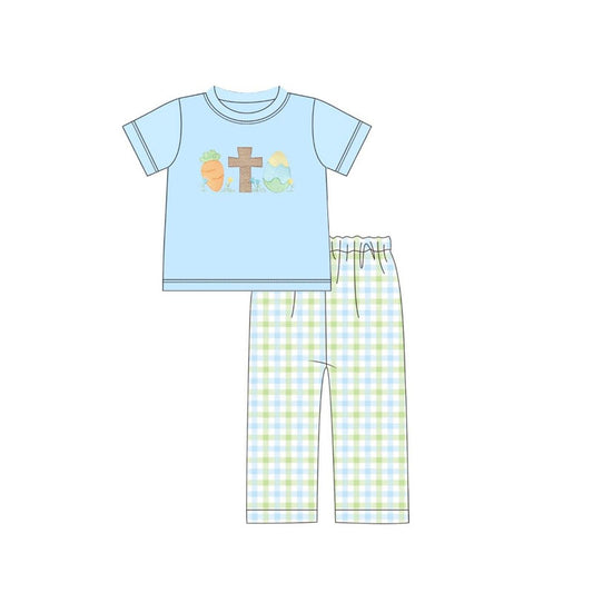 MOQ 5 PCS preorder BSPO0644 Easter Cross Carrots Eggs Blue Short Sleeve Plaid Pants Boys Sets 202511