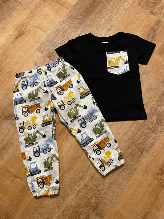 MOQ 5 PCS preorder BSPO0649 Construction Vehicle Pocket Black Short Sleeve Pants Boys Sets 202512