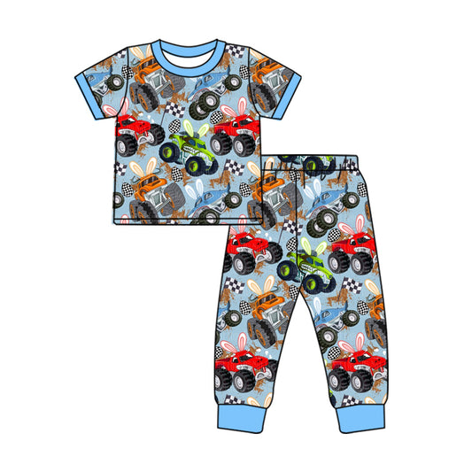 MOQ 5 PCS preorder BSPO0667 Easter Bunny Ears Off-Road Vehicle Blue Short Sleeve Pants Boys Pajama Set 202601