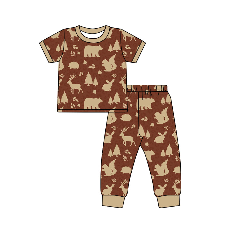 MOQ 5 PCS preorder BSPO0669 Deer Squirrel Bear Tree Pattern Brown Short Sleeve Pants Boys Pajama Sets 202604