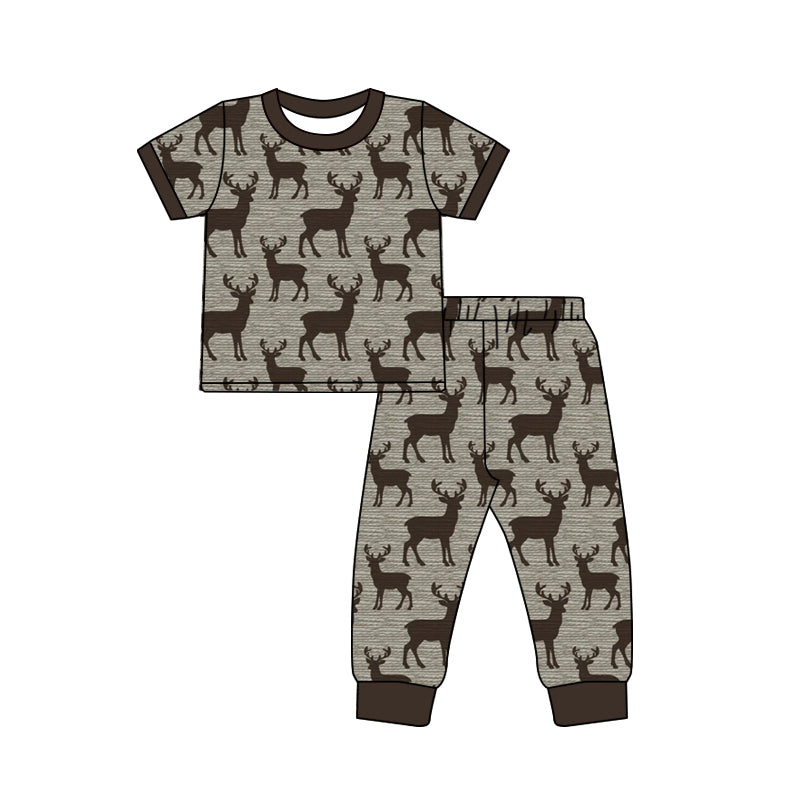 MOQ 5 PCS preorder BSPO0670 Deer Hunting Dark Gray Brown Short Sleeve Pants Boys Pajama Sets 202604