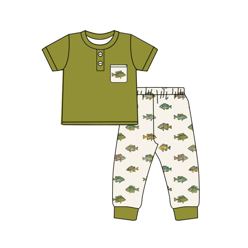 MOQ 5 PCS preorder BSPO0674 Fish Print Pocket Yellow Green Short Sleeve Pants Boys Sets 202604
