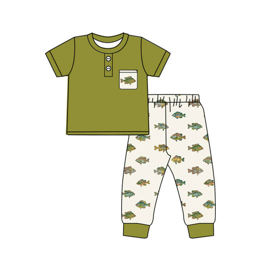 MOQ 5 PCS preorder BSPO0674 Fish Print Pocket Yellow Green Short Sleeve Pants Boys Sets 202604