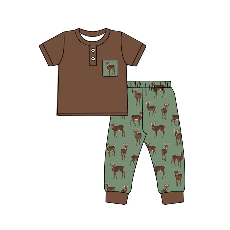 MOQ 5 PCS preorder BSPO0676 Deer Hunting Print Pocket Brown Short Sleeve Pants Boys Sets 202604