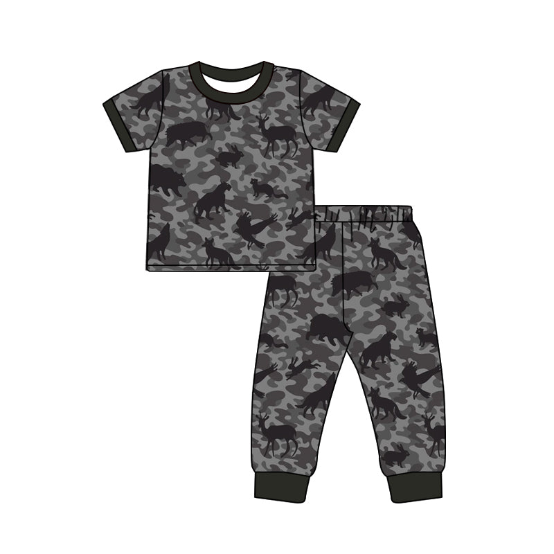 MOQ 5 PCS preorder BSPO0682 Deer Hunting Wild Boar Rabbits Animal Gray Camouflage Short Sleeve Pants Boys Sets 202604