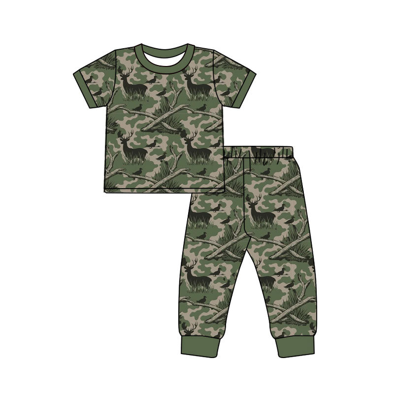 MOQ 5 PCS preorder BSPO0683 Deer Hunting Gray Green Camouflage Short Sleeve Pants Boys Sets 202604