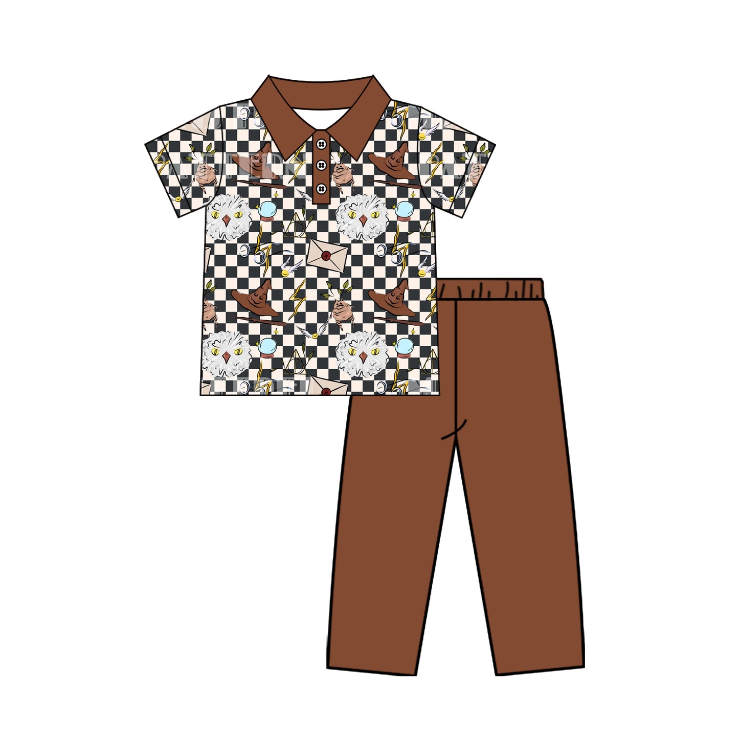 MOQ 5 PCS preorder BSPO0685 Magical Movie Harry Potter Owl Hat Plaid Brown Polo Short Sleeve Pants Boys Sets 202604