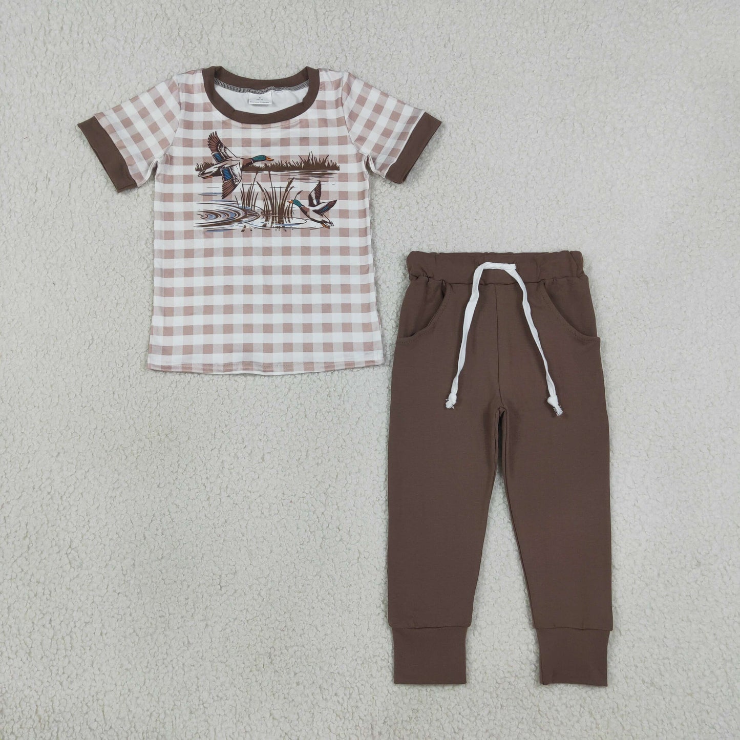 BSPO0689 Duck Hunting Brown Plaid Short Sleeve Pants Boys Sets 202608 RTS