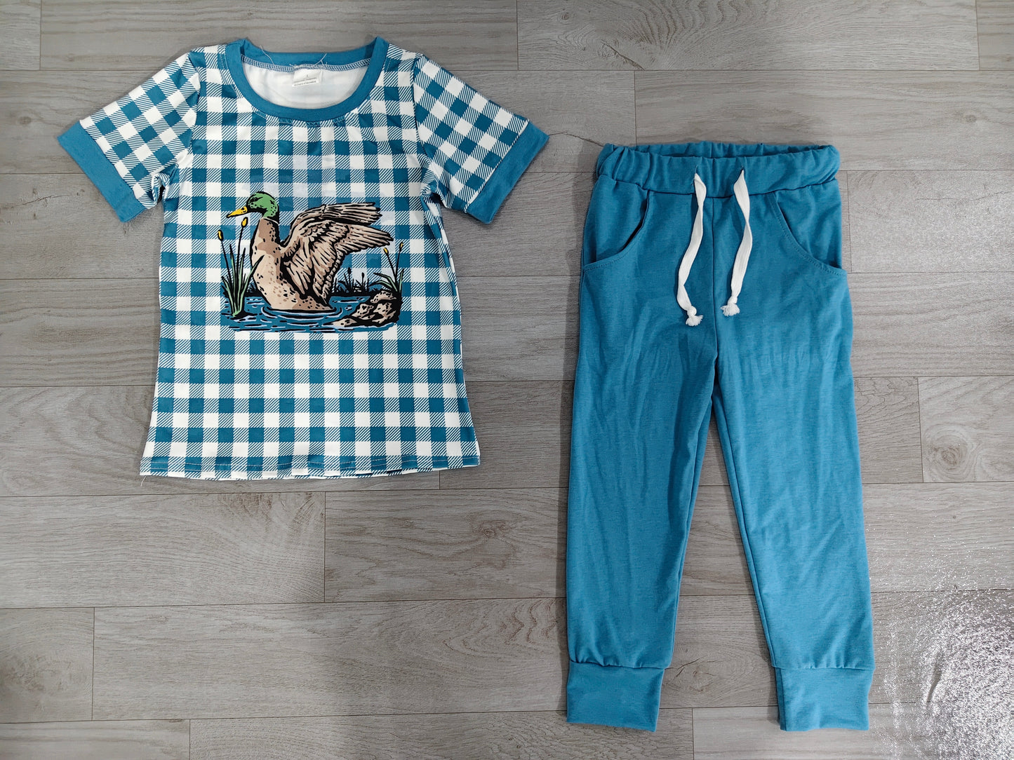 NO MOQ preorder BSPO0690 Duck Hunting Peacock Blue Plaid Short Sleeve Pants Boys Sets 202607