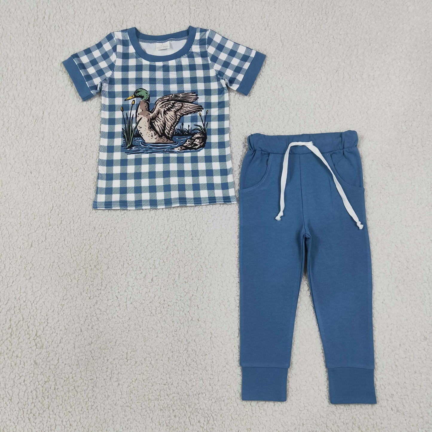 BSPO0690 Duck Hunting Peacock Blue Plaid Short Sleeve Pants Boys Sets 202607 RTS