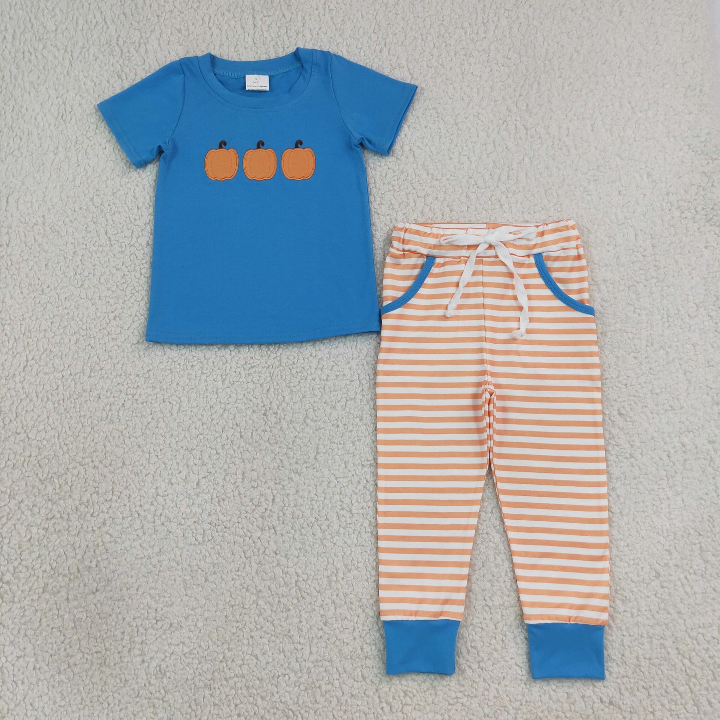 BSPO0693 Embroidery Fall Pumpkin Stripe Boys Outfits
