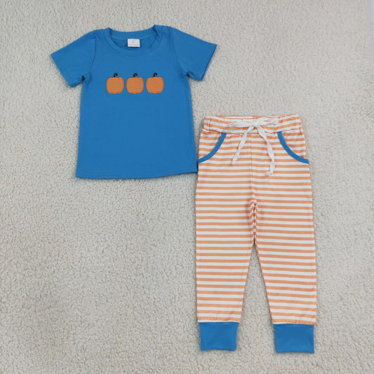 BSPO0693 Embroidery Fall Pumpkin Stripe Boys Outfits