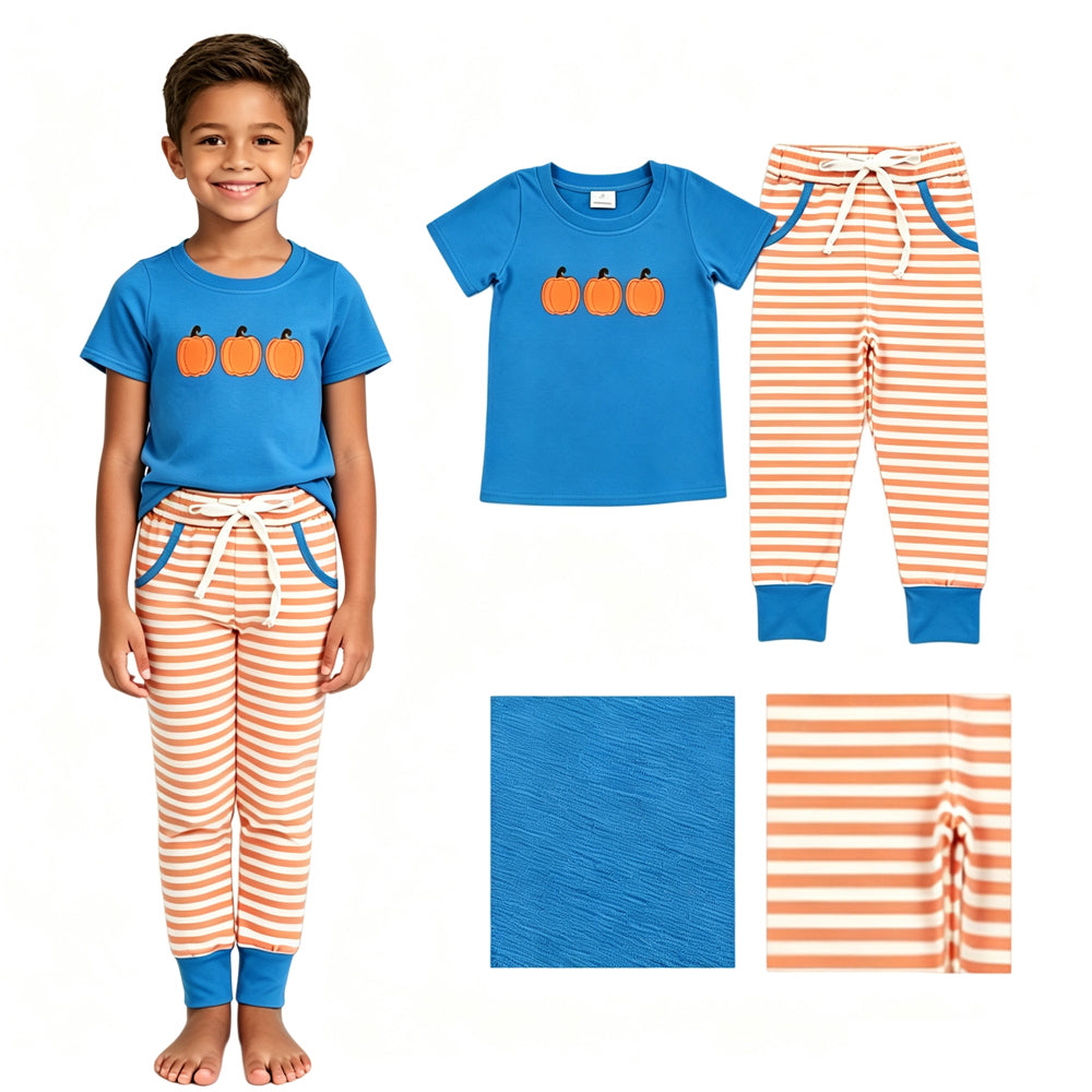 BSPO0693 Embroidery Fall Pumpkin Stripe Boys Outfits