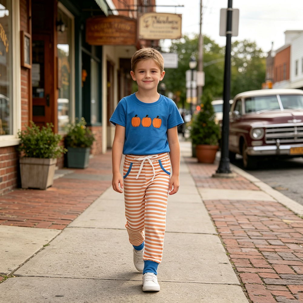 BSPO0693 Embroidery Fall Pumpkin Stripe Boys Outfits