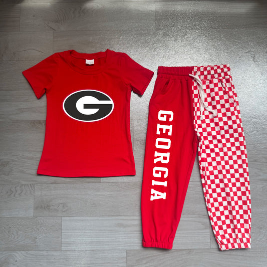 NO MOQ Preorder BSPO0700 Offset Printing GO TEAM GEORGIA Red Short Sleeve Pants Boys Sets 202607