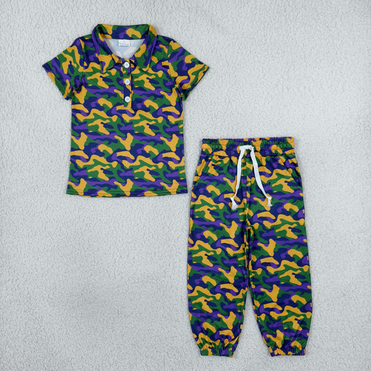 BSPO0721 Mardi Gras Purple Green Yellow Cmao Polo Boys Set