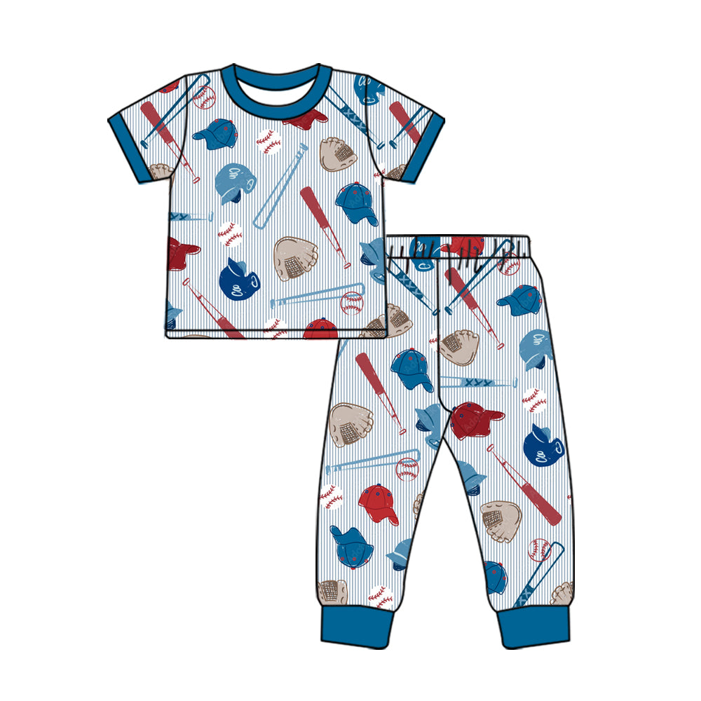 Preorder MOQ 5 pcs Each Style GO TEAM Baseball Print Stripe Blue Kids Matching Clothes