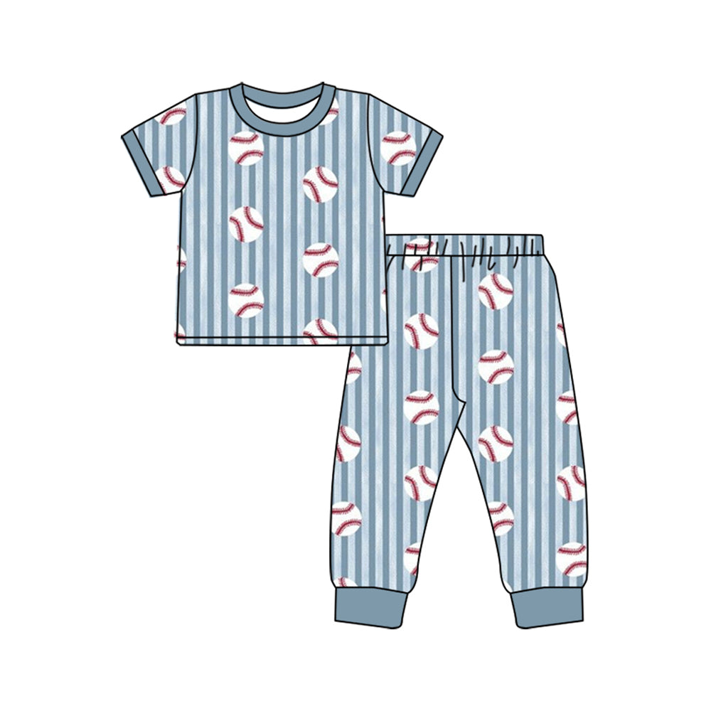 Preorder MOQ 5 pcs Each Style Baseball Print Gray Blue Stripe Pajamas Kids Matching Clothes