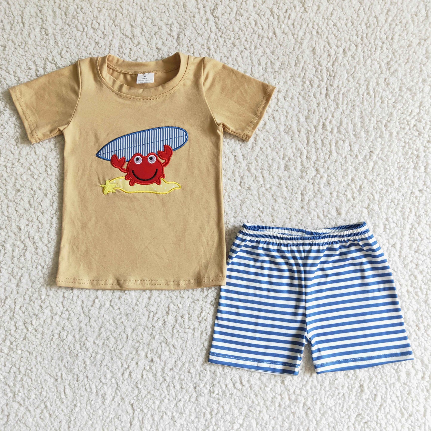 Clearance  BSSO0003 Embroidered light brown crab short sleeve blue striped shorts set high quality