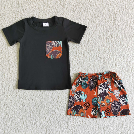 Clearance BSSO0014 Boys black pocket short sleeve cactus sheephead shorts set