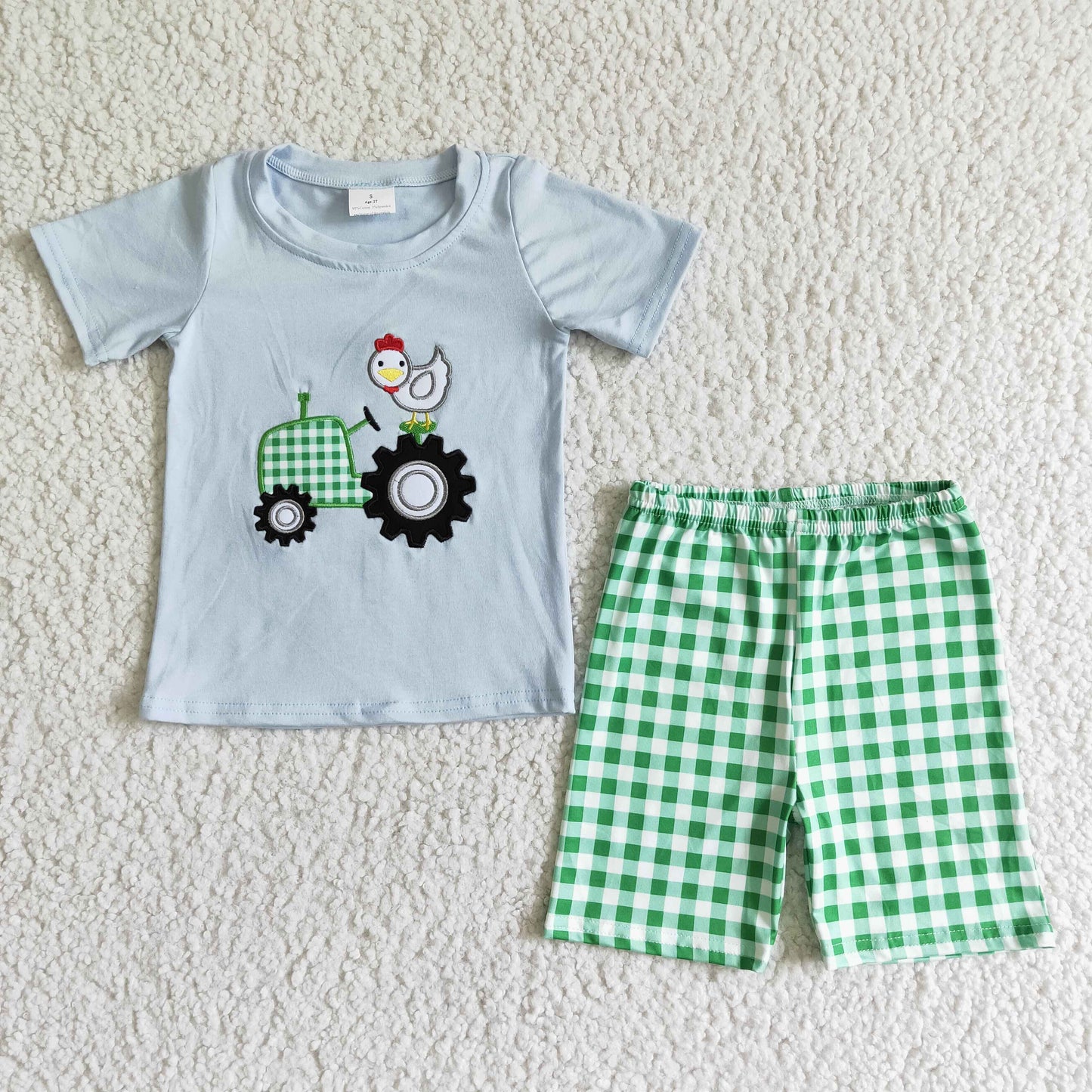 Clearance BSSO0031 Boys blue embroidery car chick short sleeve green plaid shorts set