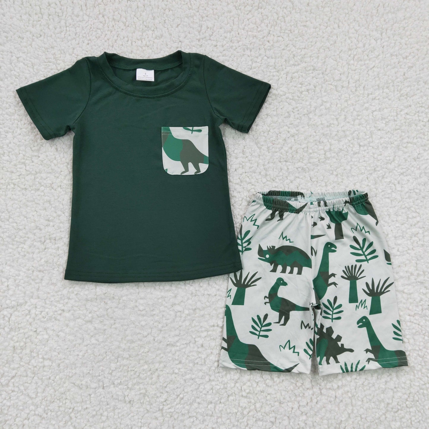 Clearance BSSO0116 Boy dinosaur pocket green short-sleeved shorts set