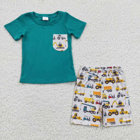 Clearance BSSO0118 Boys police car fire truck pocket blue short-sleeved shorts set