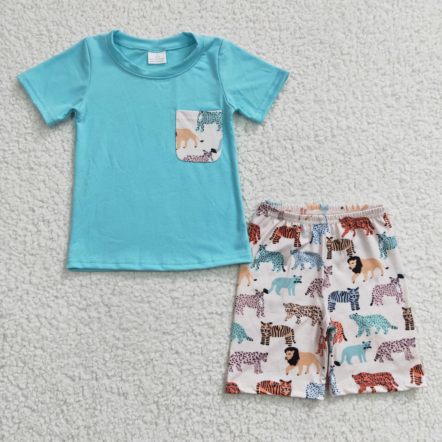 Clearance BSSO0119 Boy animal Tiger Lion pocket blue short sleeve shorts set