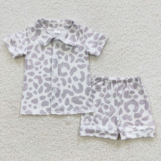 BSSO0272 White Grey Leopard print Baby Boy Clothes short sleeve top shorts pajamas boutique outfit  202501