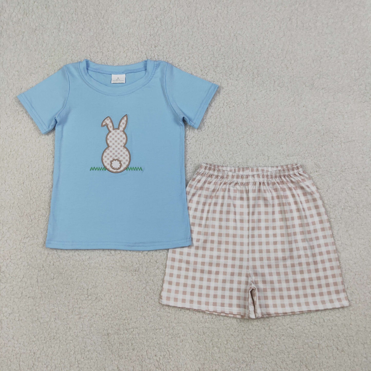 BSSO0305 Embroidered Easter Bunny Plaid Blue Short Sleeve Shorts Boys Sets 202603 RTS