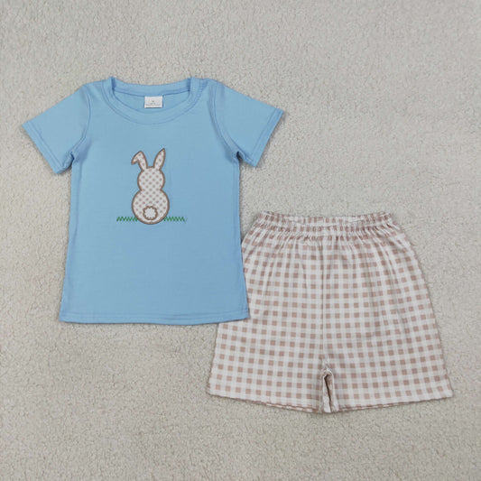 Sibling Matching Clothes Embroidered Easter Bunny Pink Blue Short Sleeve Boys Girls Sets 202603 RTS