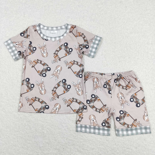 BSSO0439  Light Brown Green Plaid Cute Deer short sleeve top shorts set Boys clothing sets summer outfit RTS 202501