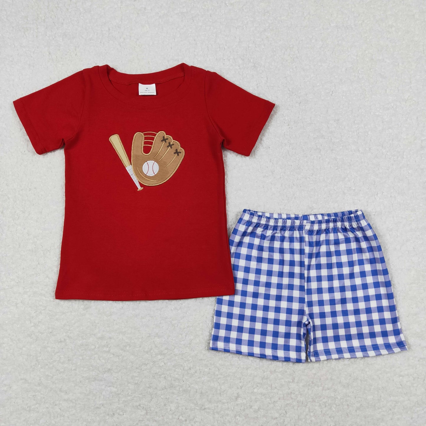 BSSO0353 Embroidered Baseball Red Short Sleeve Blue Plaid Shorts   Boys Outfits RTS 202508