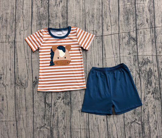 NO MOQ Preorder BSSO0380 Embroidered Pony Brown Stripe Short Sleeve Navy Shorts Boys Sets 202601