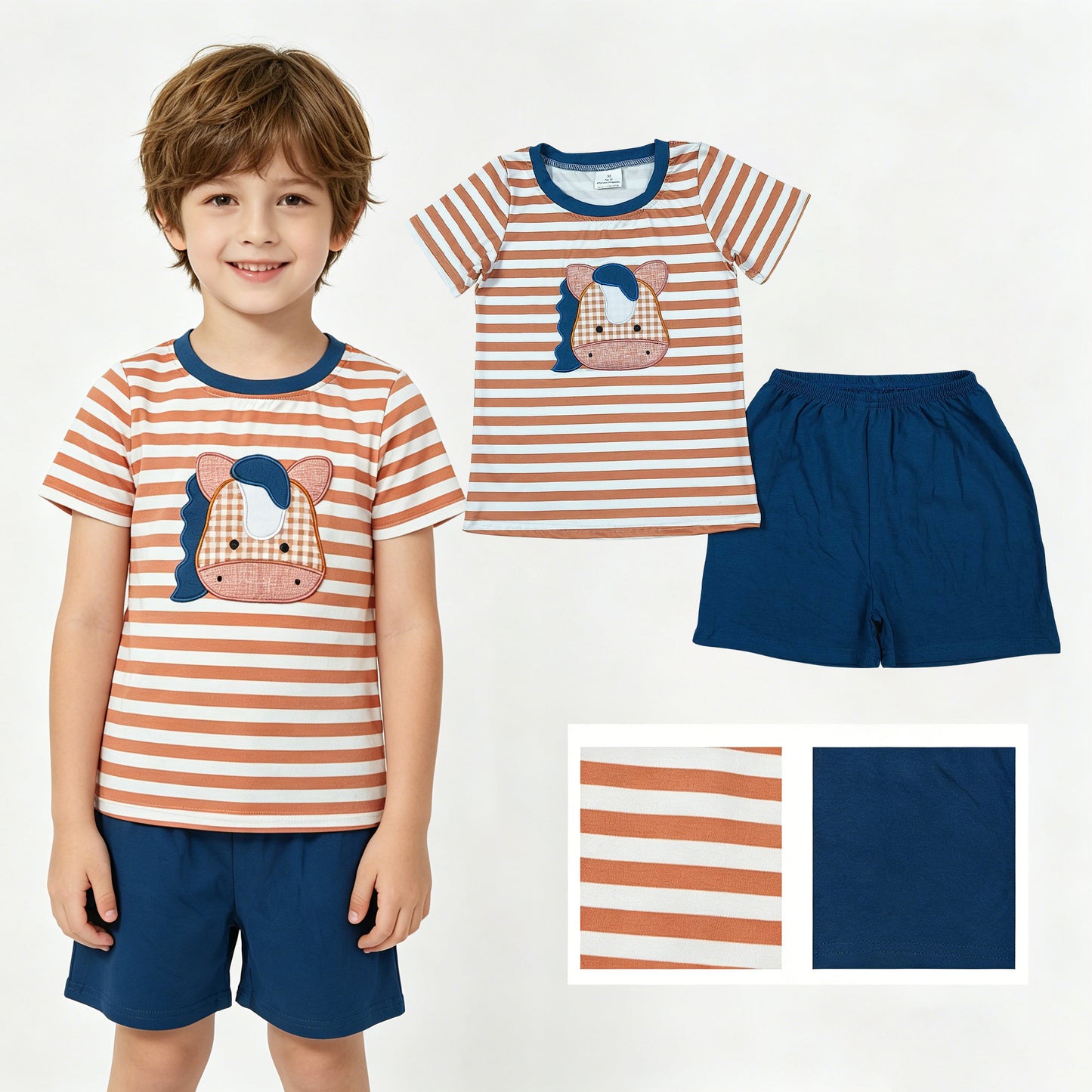BSSO0380 Embroidered Pony Brown Stripe Short Sleeve Navy Shorts Boys Sets 202604 RTS
