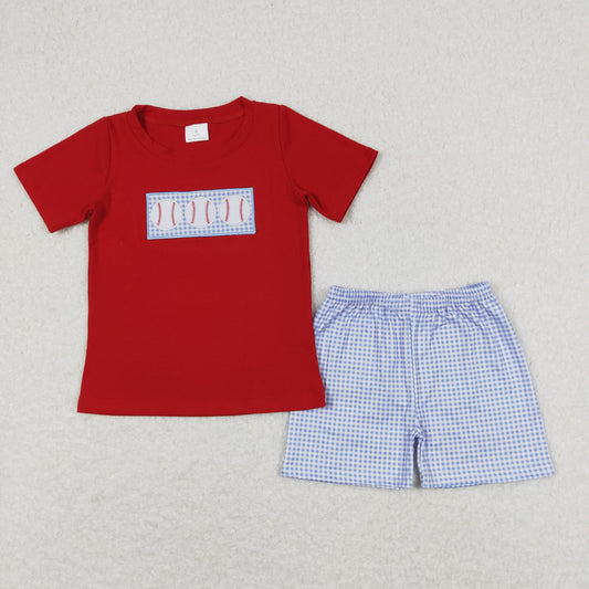 BSSO0405 Baseball Embroidered Red Short Sleeve Blue Plaid Shorts Boys Sets RTS 202508
