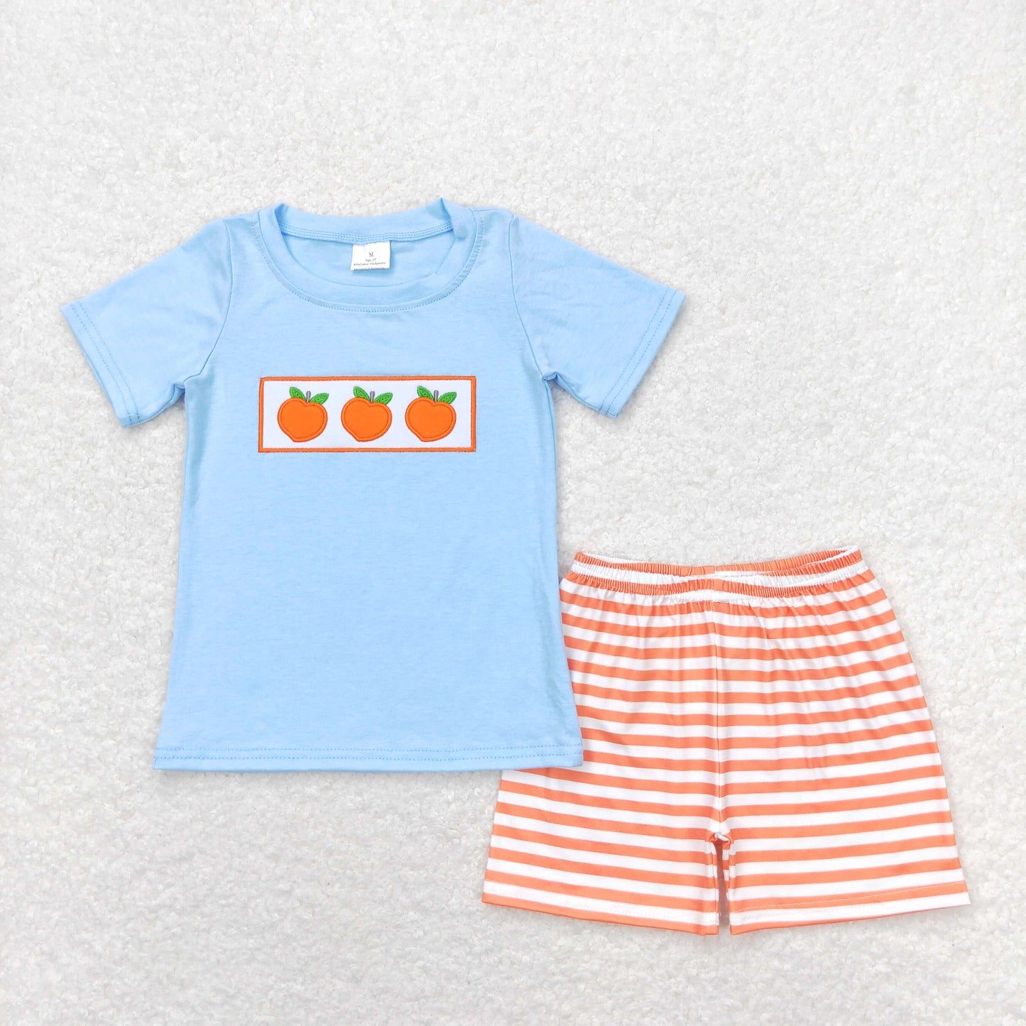 BSSO0417  Embroidered Orange Blue Short Sleeve Stripe Shorts Boys Outfits 202404 RTS