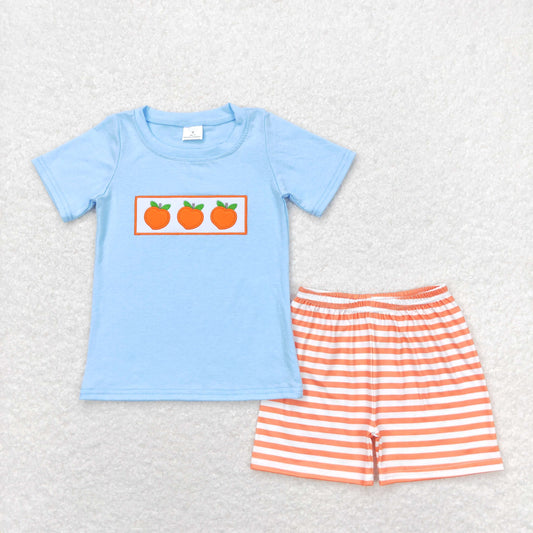 BSSO0417  Embroidered Orange Blue Short Sleeve Stripe Shorts Boys Outfits 202404 RTS