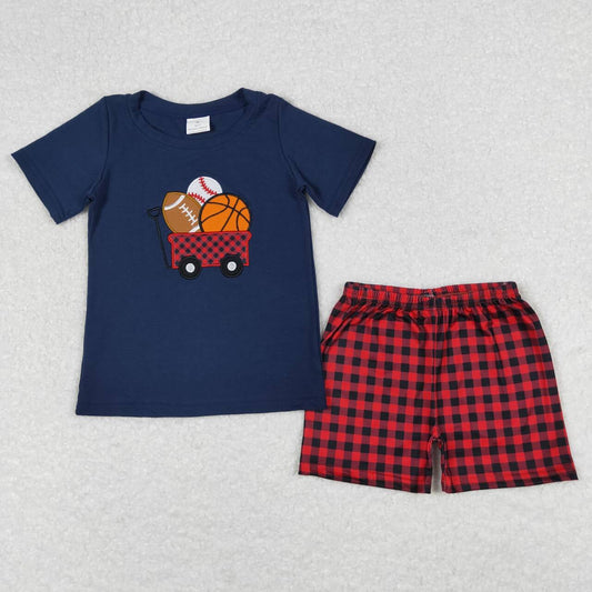BSSO0424 Embroidered Basketball Baseball Rugby Cart Navy Blue Short Sleeve Red Plaid Shorts Boys Sets RTS 202508
