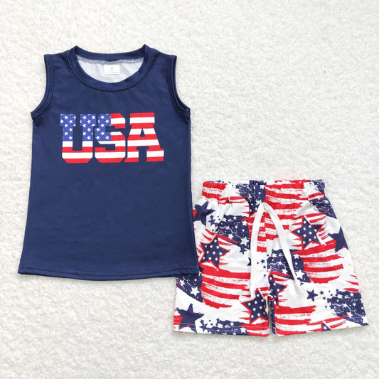 BSSO0461 4th of July USA Navy Sleeveless Shorts Boys Sets RTS 202508
