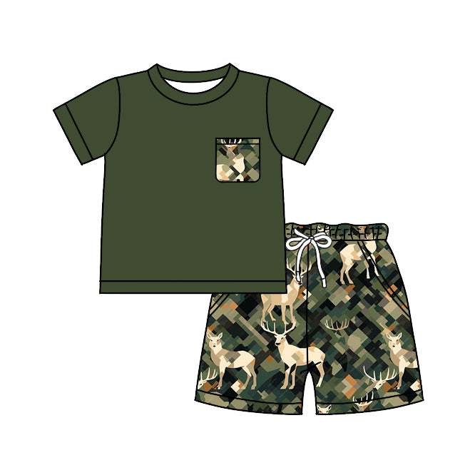 Preorder  BSSO0493 Green Camo deer Boys Short Sleeve Shorts Outfits